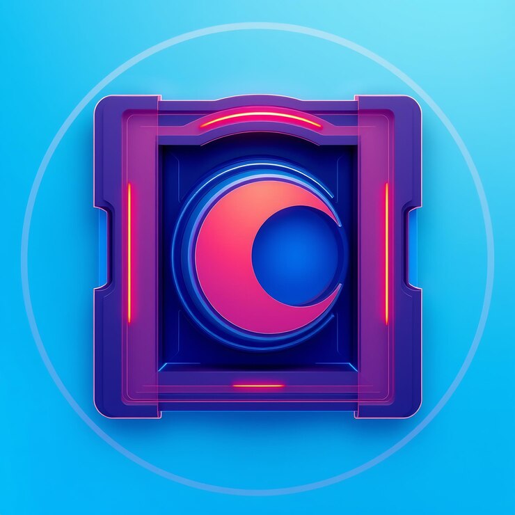 Foto un icono de luna creciente 3d en un cuadrado con un marco azul y púrpura y un brillo de neón rojo
