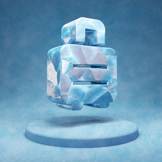 Icono de maleta rodante. Maleta de hielo azul agrietada Símbolo rodante en el podio de nieve azul. Icono de redes sociales para sitio web, presentación, elemento de plantilla de diseño. Render 3D.