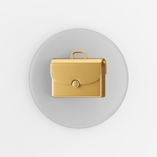Icono de maletín dorado. Botón de tecla redonda gris de renderizado 3D, elemento de interfaz ui ux de interfaz.