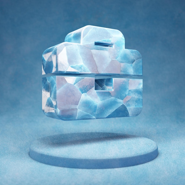 Icono de maletín. Símbolo de maletín de hielo azul agrietado en el podio de nieve azul. Icono de redes sociales para sitio web, presentación, elemento de plantilla de diseño. Render 3D.