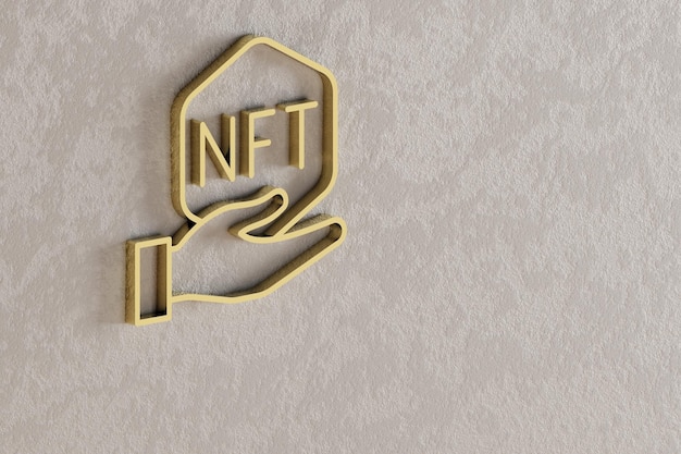 Icono de la mano de NFT hermosos íconos de símbolo de NFT dorados en el fondo de la pared ilustración de renderización 3D