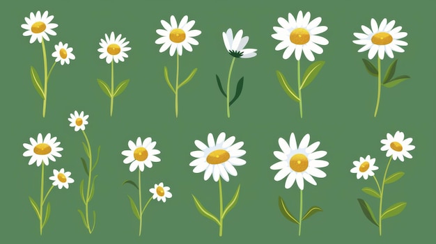 Icono de manzanilla blanca colección de plantas de flores redondas lindas concepto de cultivo diseño plano fondo verde aislado ilustración moderna