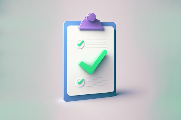 Icono de marca de verificación Concepto de aprobación Lista de verificación del portapapeles del archivo del documento 3d render