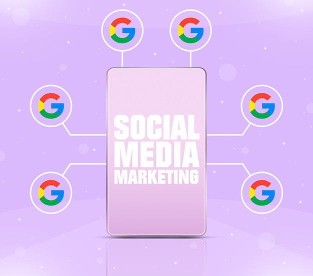 Icono de marketing en redes sociales en la pantalla del teléfono con iconos de google alrededor de 3d