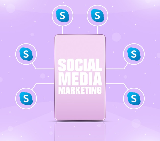Icono de marketing de redes sociales en la pantalla del teléfono con iconos de skype alrededor de 3d