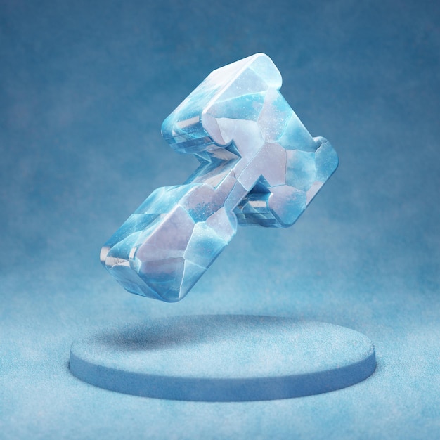 Icono de martillo. Símbolo de martillo de hielo azul agrietado en el podio de nieve azul. Icono de redes sociales para sitio web, presentación, elemento de plantilla de diseño. Render 3D.