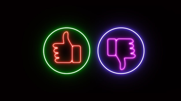 Icono Me gusta y diferente en animación de neón Luz brillante colorido Símbolo brillante con fondo negro Sí y No pulgar hacia arriba