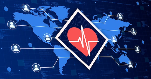 Foto icono médico del corazón con cardio en el mapa del mundo que conecta el sistema con otras personas en el fondo de tecnología 3d