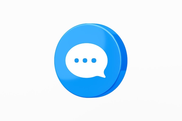 Icono de mensaje de chat 3d azul aislado en el fondo blanco del diálogo de conversación, signo de burbuja de voz o botón de mensajero en blanco, símbolo de texto de chat social y plantilla de comunicación de conversación de notificación de sms