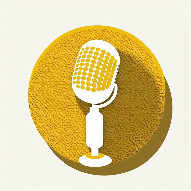 Icono de micrófono en círculo amarillo, logotipo de podcast, fondo blanco. IA generativa
