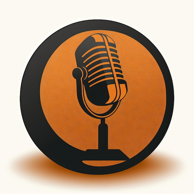 Icono de micrófono negro en círculo naranja, logotipo de podcast, fondo blanco. IA generativa