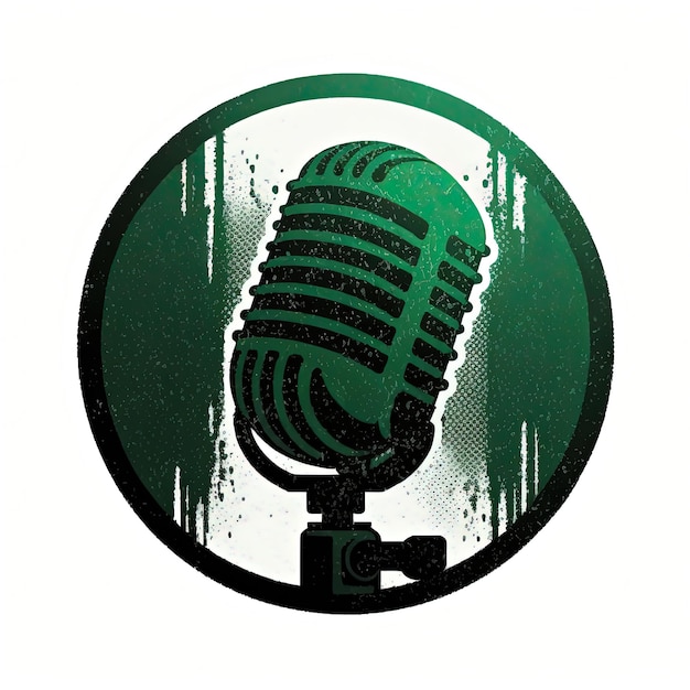Icono de micrófono negro en círculo verde, logotipo de podcast, fondo blanco. IA generativa