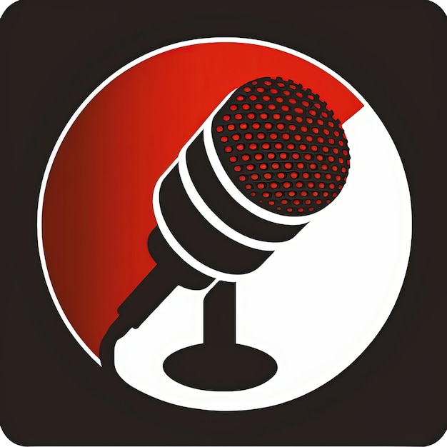 Icono de micrófono rojo en círculo, logotipo de podcast, fondo blanco. IA generativa
