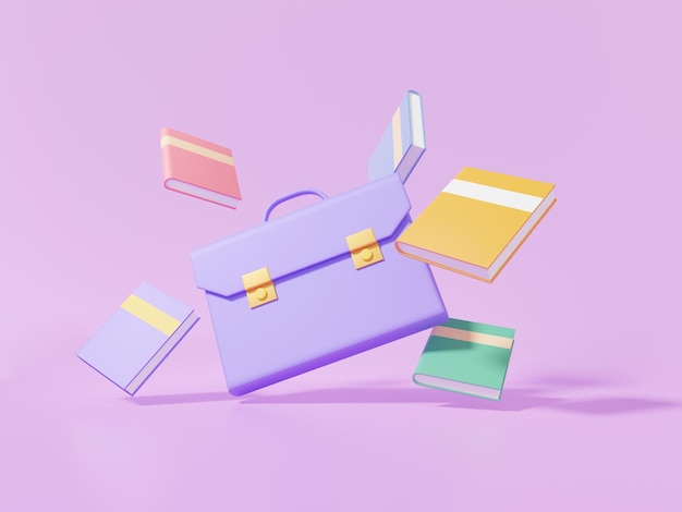 Icono de mochila y libro flotando sobre fondo púrpura Dibujos animados mínimos lindo educación suave formación aprendizaje concepto 3d render ilustración