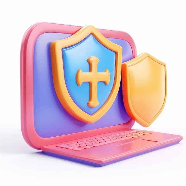 Icono moderno en 3D de una computadora portátil con un escudo de seguridad El concepto ilustra la protección de datos y la seguridad de Internet El icono está dibujado en un estilo de dibujos animados con colores mínimos