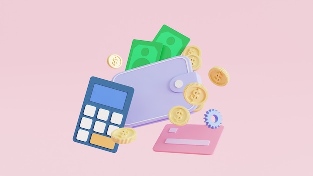 Icono Monedero, billetes, monedas flotan, tarjeta de crédito y calculadora Concepto de gestión presupuestaria. Ilustración 3D