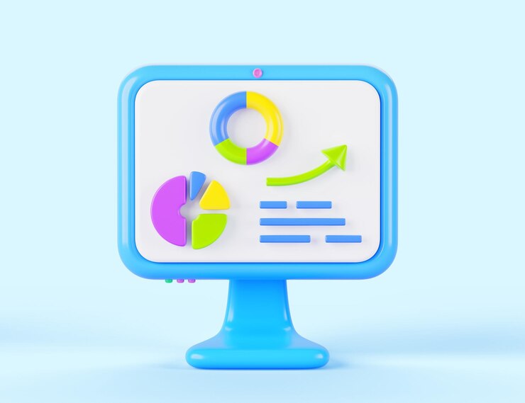 Foto icono de monitor de computadora con gráfico infográfico isométrico y diagrama circular en pantalla de pc aislado sobre fondo azul render 3d de dibujos animados de análisis de datos financieros y crecimiento empresarial
