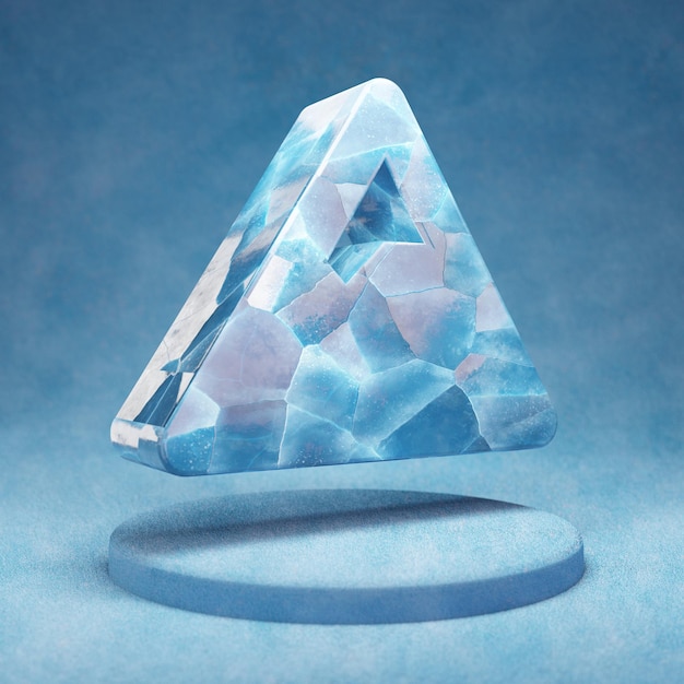 Icono de montaña. Símbolo de la montaña de hielo azul agrietado en el podio de nieve azul. Icono de redes sociales para sitio web, presentación, elemento de plantilla de diseño. Render 3D.