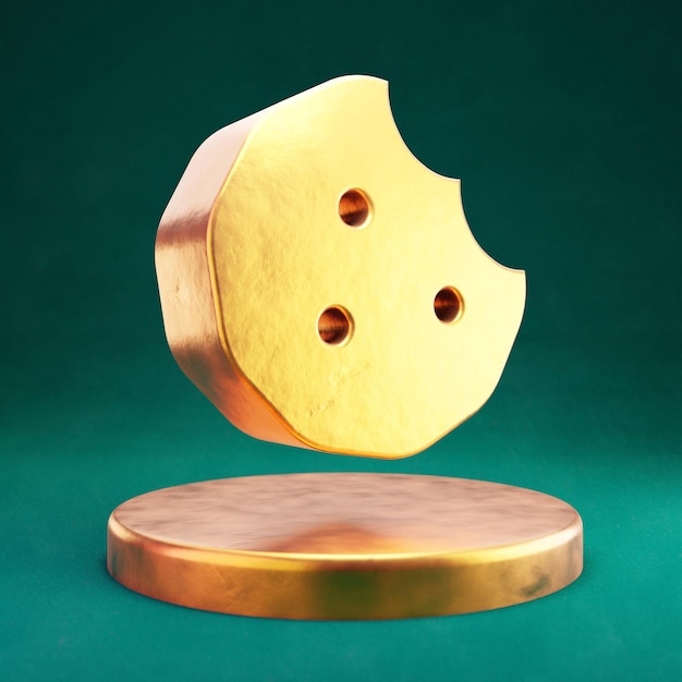 Foto icono de mordida de galleta. símbolo de fortuna gold cookie bite en el podio dorado.