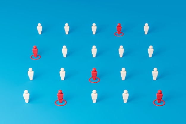 Icono de muchas personas de pie en el distanciamiento social de walland azul para evitar la propagación del virus. Concepto de distancia social. Representación 3D