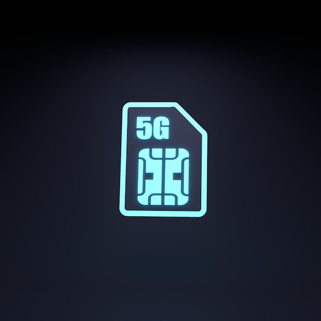 Icono de neón de la tarjeta sim 5g 3d render ilustración