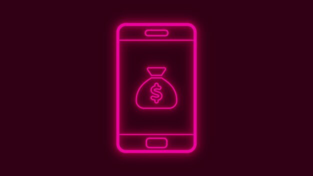 Icono de neón de un teléfono móvil con un símbolo de bolsa de dinero en la pantalla un fondo oscuro con un brillo magenta