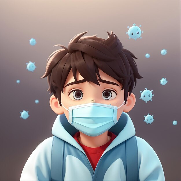 Foto icono de niño con fiebre y vector de gripe ilustración corona mascota personajes de dibujos animados persona icono concepto estilo de dibuyos animados plano aislado blanco adecuado para página de aterrizaje web banner flyer sticker card