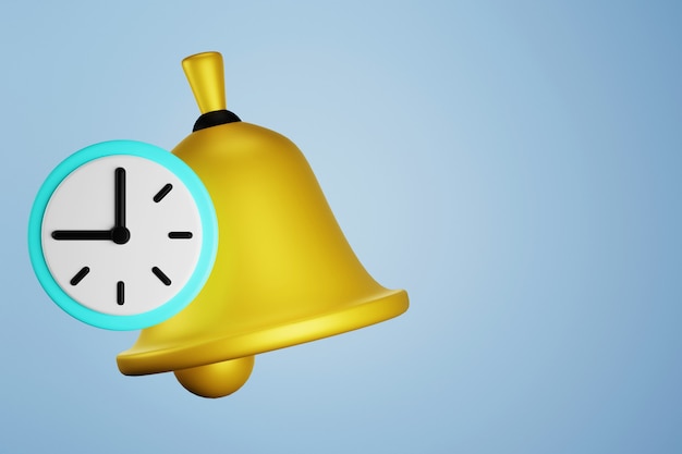 Icono de notificación - campana de oro con reloj, render 3d