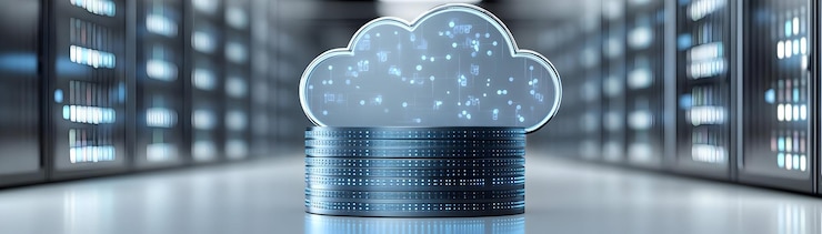 Foto icono de nube con un concepto de símbolo de base de datos como un icono de nube conectado a un símbolo de base de datos flotante ag