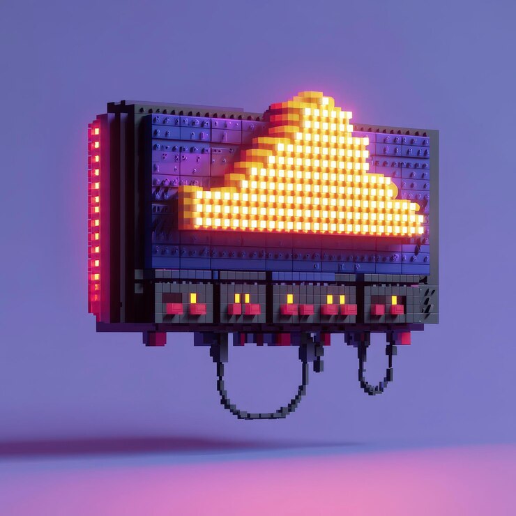 Foto icono de nube digital iluminado que se asemeja al arte pixelado contra un fondo púrpura