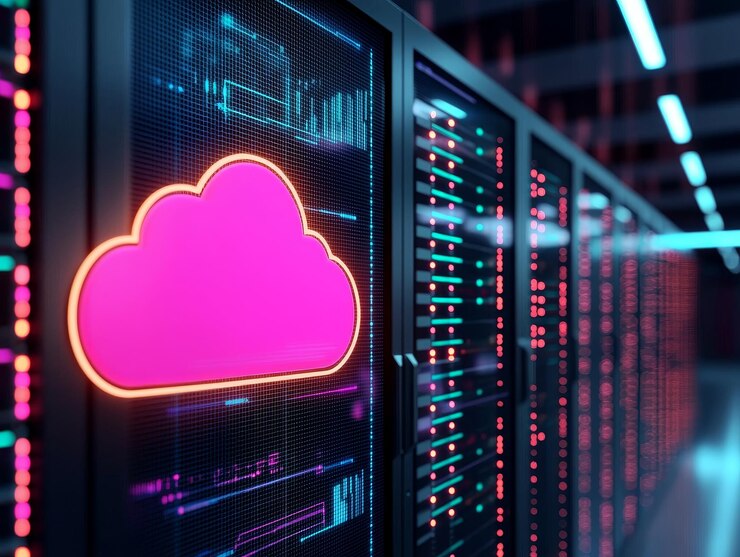 Foto icono de nube futurista iluminado en un centro de datos con vibrantes racks de servidores que simbolizan el almacenamiento digital y la innovación tecnológica