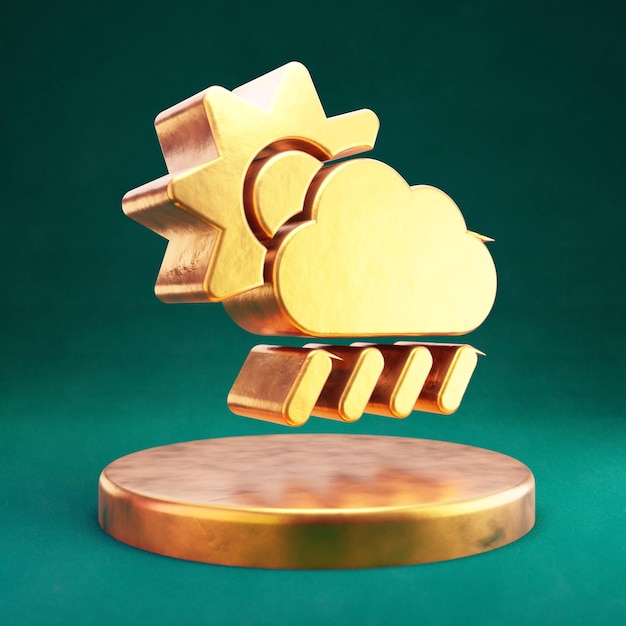 Icono de nube sol lluvia. Símbolo de Fortuna Gold Cloud Sun Rain con fondo verde Tidewater. 3D prestados icono de redes sociales.