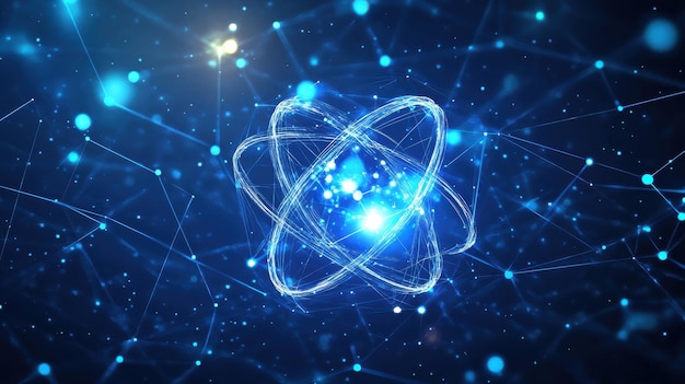 Ícono o símbolo cósmico de átomo abstracto Concepto de ciencia nuclear en tecnología Fondo azul Átomo o molécula con órbitas de luz y chispas brillantes en estilo poligonal azul Ilustración vectorial digital