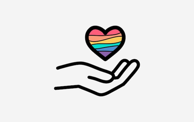 El icono del orgullo del arco iris en la mano Las manos que sostienen el icono del corazón El mes del orgullo LGBTQ Icono del amor