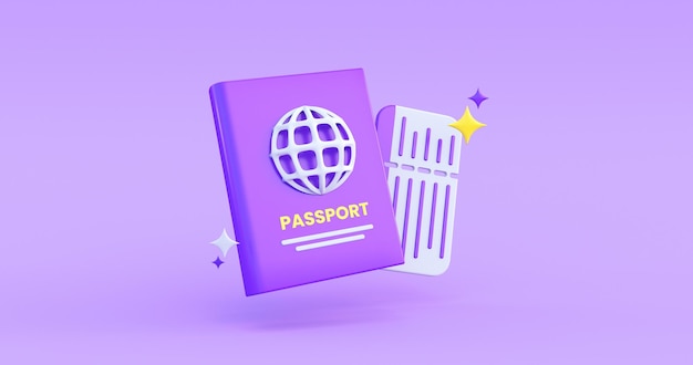 Foto icono del pasaporte en fondo púrpura renderizado en 3d