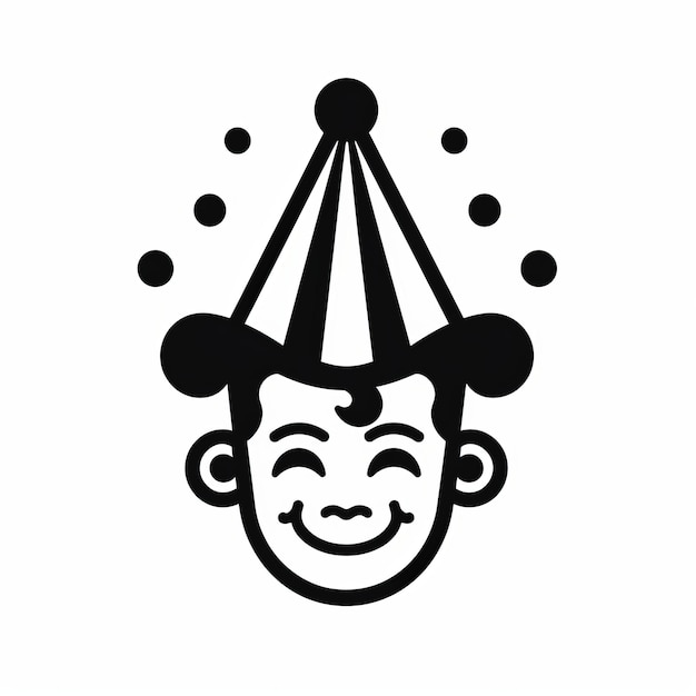 Icono de payaso infantil en blanco y negro con confeti