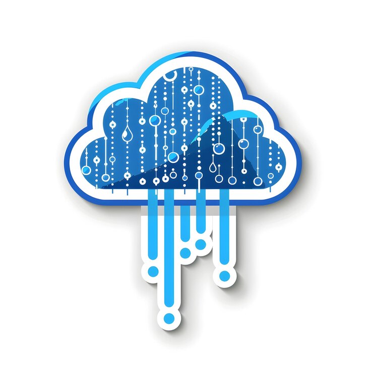 Foto icono de pegatina plana de un almacenamiento en nube moderno con flujos de datos binarios en fondo blanco