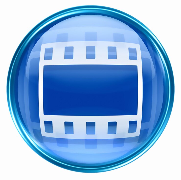 El icono de la película azul aislado en blanco
