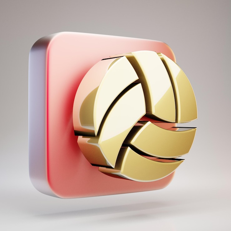 Foto icono de pelota de voleibol. símbolo de bola de voleibol de oro en placa de oro mate rojo. 3d prestados icono de redes sociales.