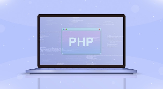 Icono de PHP en la vista frontal de la pantalla del portátil 3d