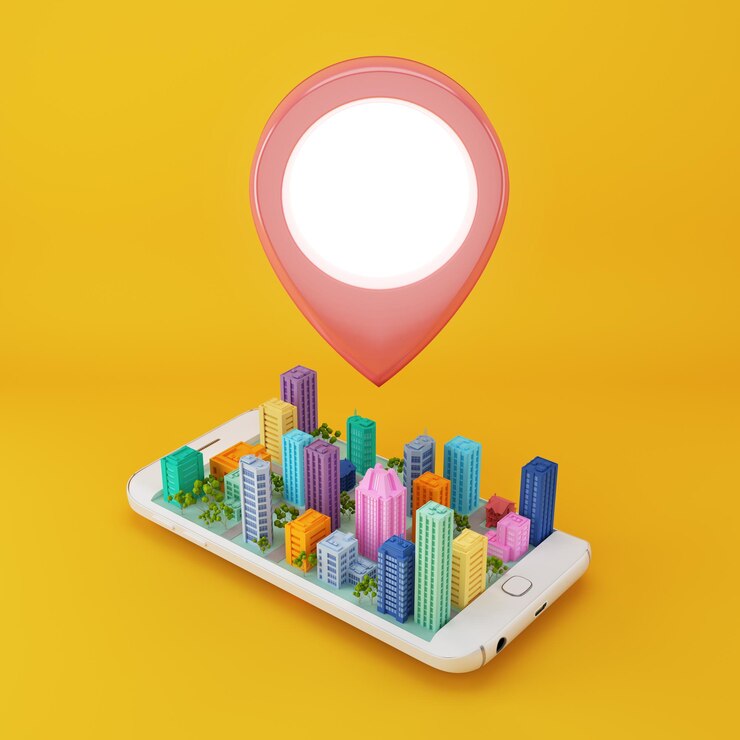 Icono de pin de ubicación con modelo de ciudad en teléfono móvil