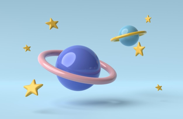 Icono Planeta con anillo alrededor y estrellas Saturno Júpiter Urano o Neptuno Representación 3D Ilustración 3D Estilo minimalista de dibujos animados