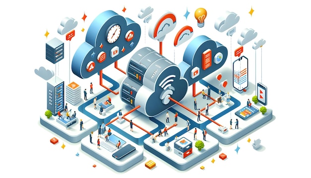 Icono plano 3d como cloud computing y soluciones de trabajo remoto con símbolos de conectividad concepto como Vecto