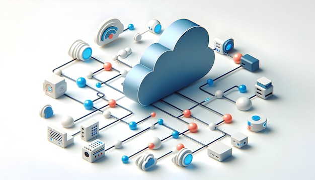 Icono plano 3D como conectividad en la nube Un icono de nube elegante se conecta a varios nodos digitales en Digital