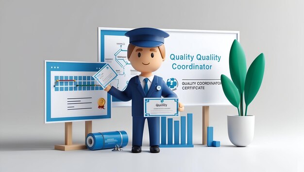 Icono plano 3d como coordinador de calidad con mapa de proceso y concepto de certificado como imagen de una calidad