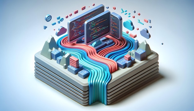 Icono plano 3d como corrientes de código Corrientes de código fluyen a través del fondo que ilustran el flujo de