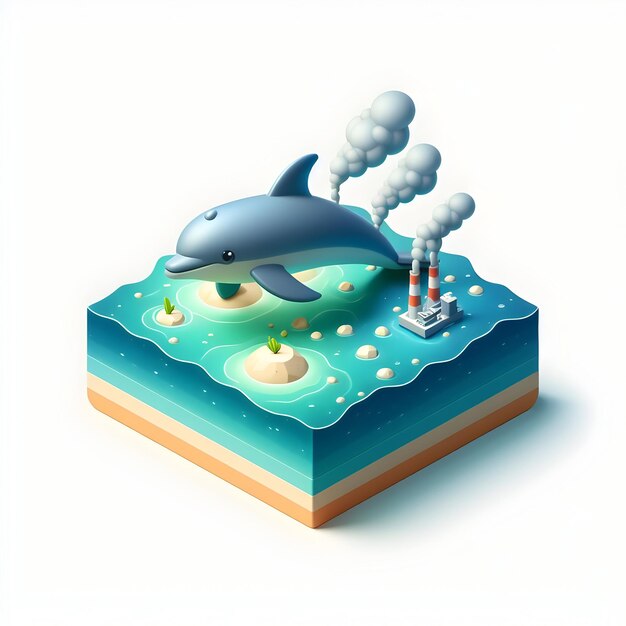 Foto icono plano 3d como delfín en aguas contaminadas concepto como imagen de alta resolución de un delfín nadando en