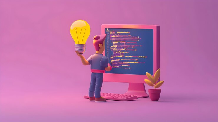 Foto icono plano 3d como desarrollador con bombilla y concepto de código como un desarrollador sosteniendo una bombilla siguiente