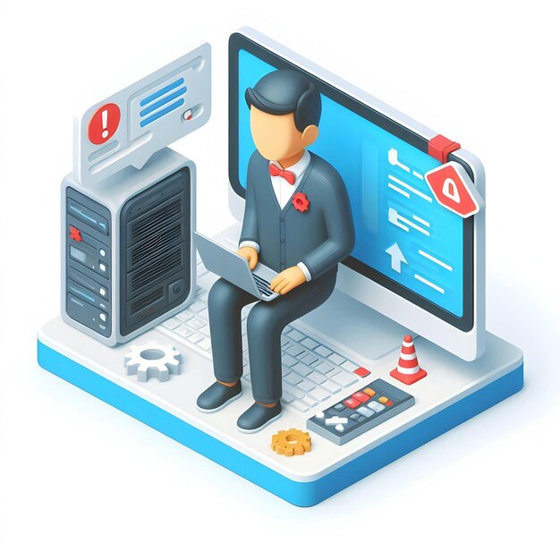 Icono plano 3d como especialista en TI con concepto de fallo del sistema como un perfil de especialista en TI mezclado con