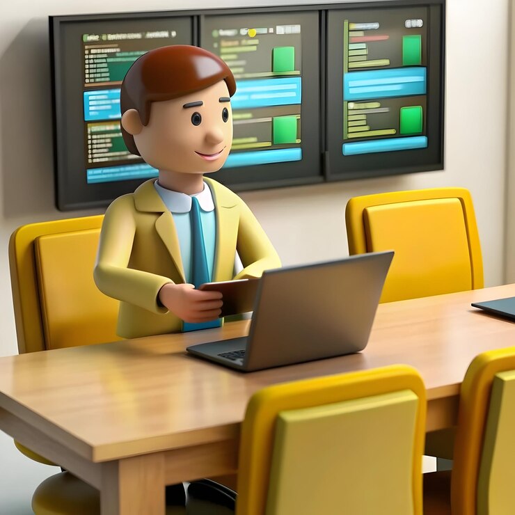 Foto icono plano 3d como especialista en ti con portátil y código en el concepto de sala de reuniones de alta tecnología como tiro largo de